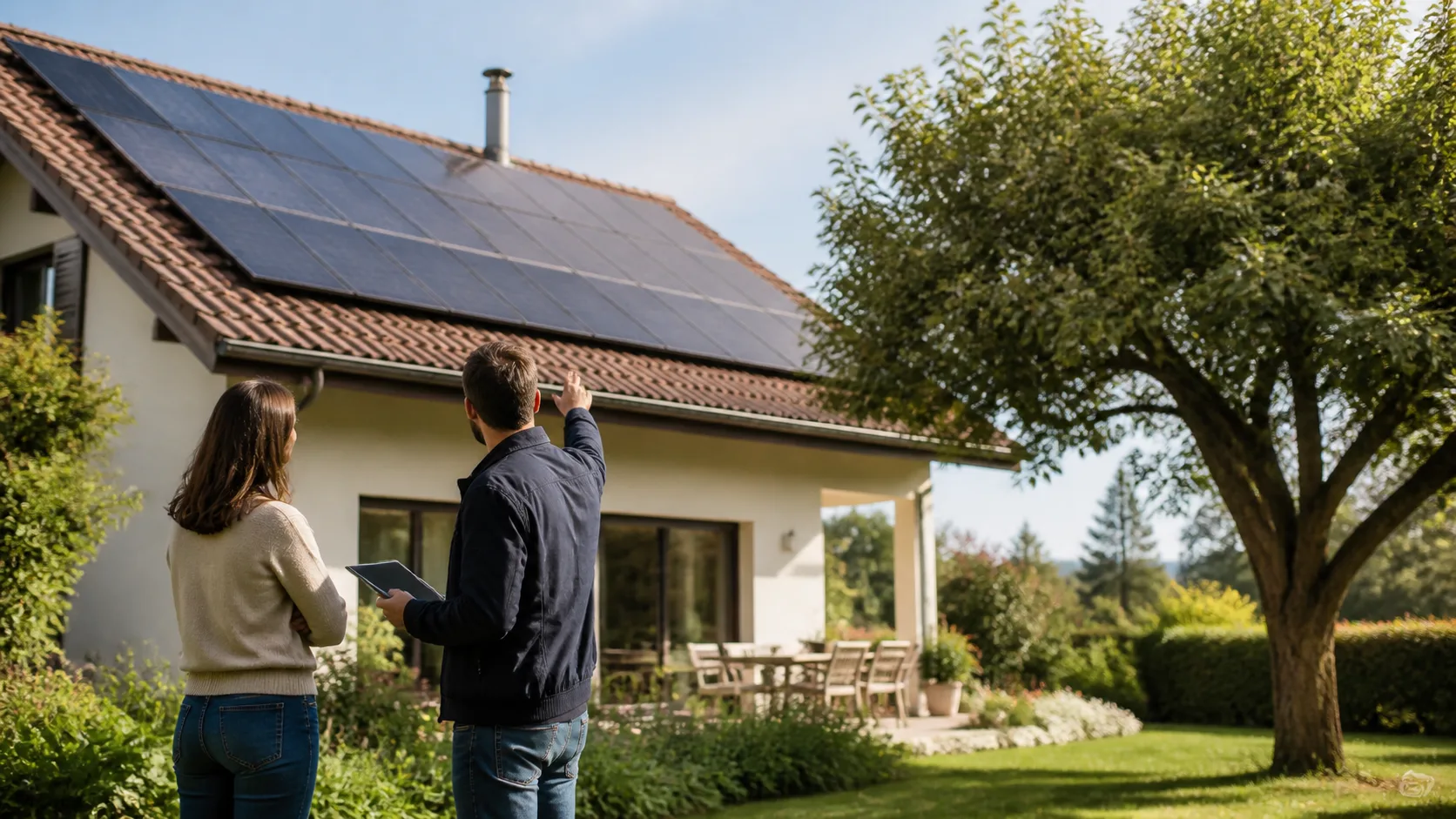 Propriétaire et spécialiste solaire observant une toiture depuis le jardin en Suisse romande