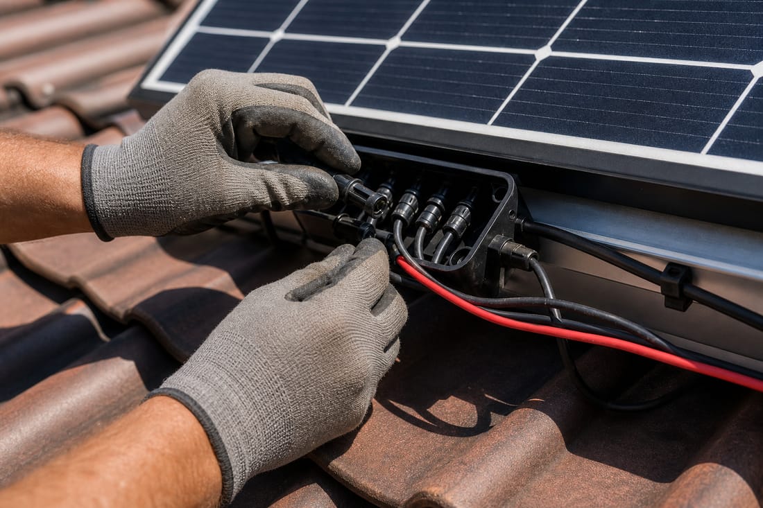 Exemple : mains travaillant sur le câblage d'une installation solaire