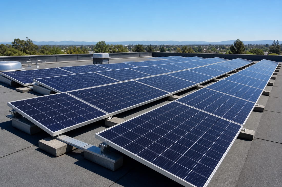 Exemple : rangée de panneaux photovoltaïques sur toit plat